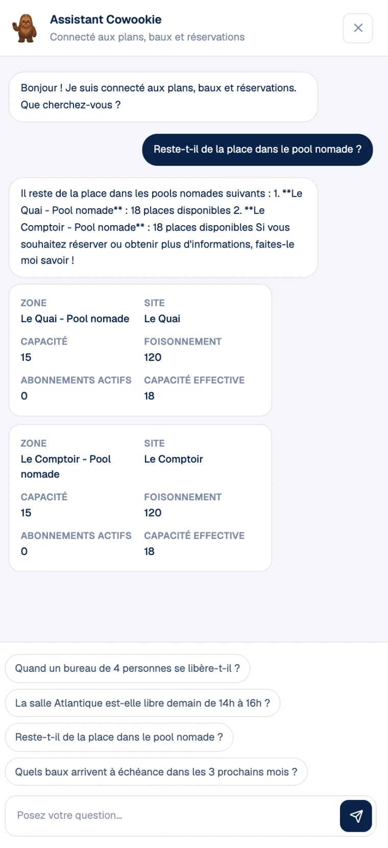 Assistant Cowookie : à la question sur les places restantes dans le pool nomade, il répond en listant les espaces concernés et affiche pour chacun la capacité, le foisonnement, les abonnements actifs et la capacité effective.