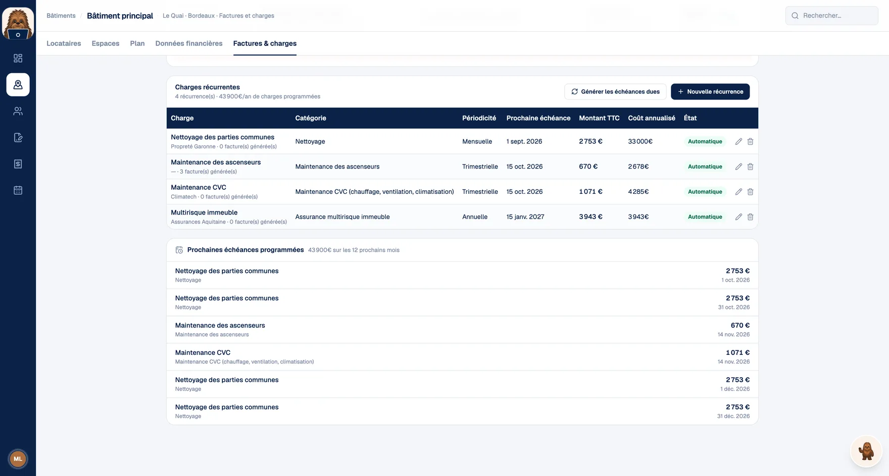 Charges récurrentes d'un bâtiment : nettoyage mensuel, maintenance des ascenseurs et CVC trimestrielles, assurance annuelle, avec périodicité, prochaine échéance, montant, coût annualisé, et liste des prochaines échéances programmées sur douze mois.