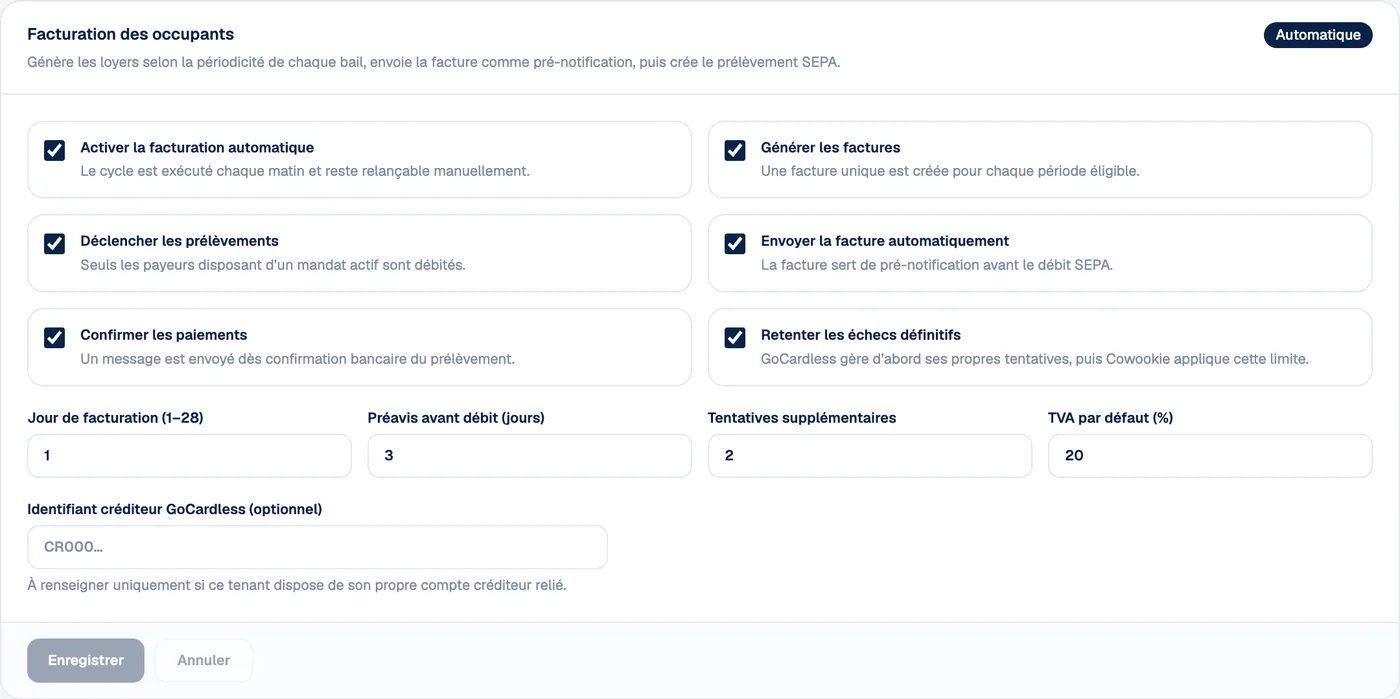 Écran de paramétrage de la facturation automatique des occupants : interrupteurs pour activer le cycle, générer les factures, déclencher les prélèvements, envoyer la facture, confirmer les paiements et retenter les échecs, puis jour de facturation, préavis avant débit, nombre de tentatives et TVA par défaut.